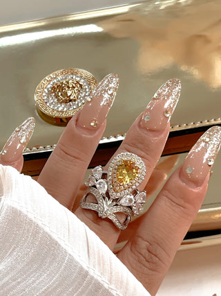 Royal Halo Pear Cut Yellow Sapphire Rhinestone Adjustable Ring.
