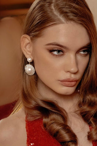 Model wearing Pearl Statement Earrings.