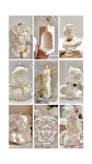 Collage of Anais Candle's sculpture candles, Miss Anais, Venus Candle, When In Rome, 'Amour, Anais'.