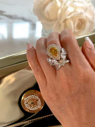 Royal Halo Pear Cut Yellow Sapphire Rhinestone Adjustable Ring.