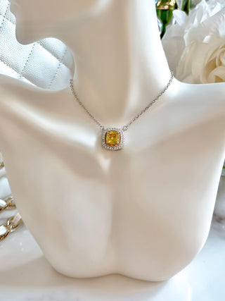 Yellow Sapphire Halo Emerald Cut Rhinestone Necklace.