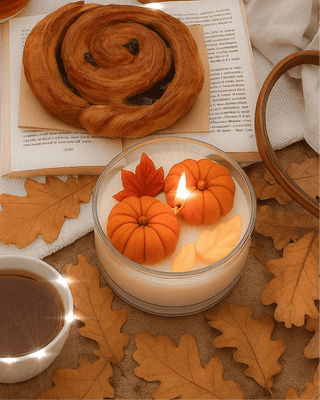 Vela con hojas y calabazas cayendo