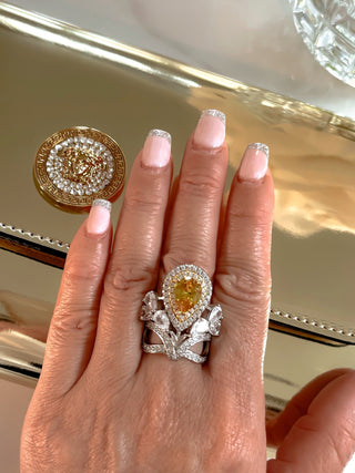 Royal Halo Pear Cut Yellow Sapphire Rhinestone Adjustable Ring.