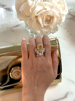 Royal Halo Pear Cut Yellow Sapphire Rhinestone Adjustable Ring.