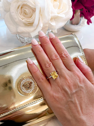 Yellow Sapphire Emerald Cut Rhinestones Adjustable Ring.
