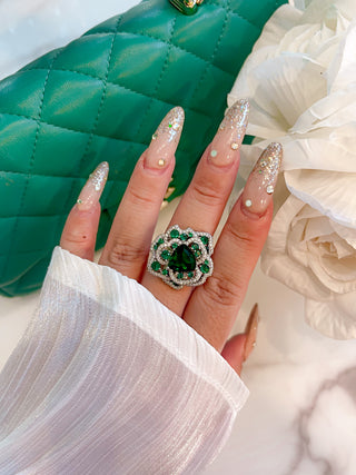 Emerald Flower Rhinestones Adjustable Ring