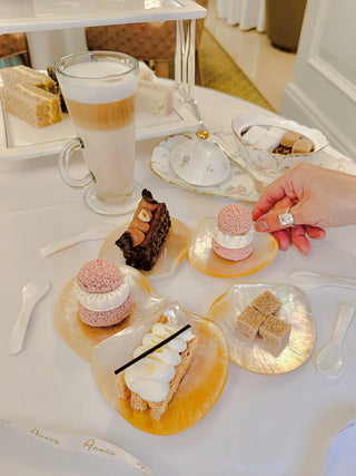 Moonlit Tides — Seashell Plate & Spoon Set of 5 served with luxurious mini pastries.