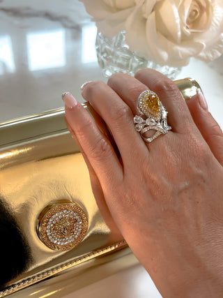 Royal Halo Pear Cut Yellow Sapphire Rhinestone Adjustable Ring.