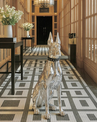 The Luxurious Electroplated Doberman Dog Statue in a 5-star hotel and dining area.