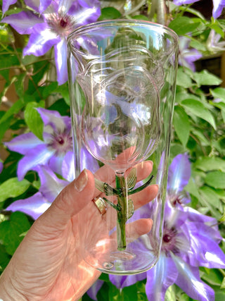 Enchanted Rose Glass Cup Set of 2 surrounded by purple florals.