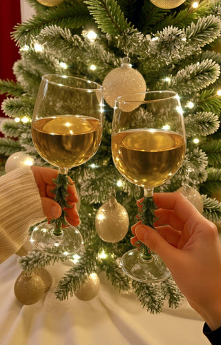 A couple toasts with the Merry Christmas Wine Flutes in front of a Christmas tree.