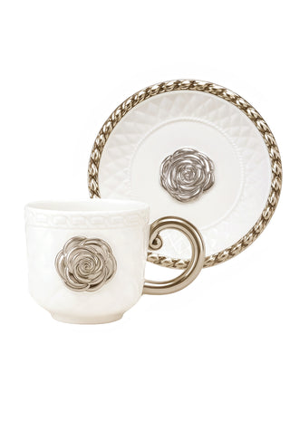 White ceramic cup and saucer set with rose design on a white background.