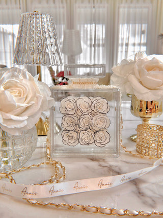 Everlasting Roses in Parfum Box - White surrounded by white florals.
