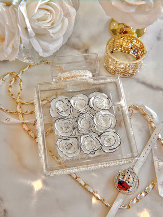 Everlasting Roses in Parfum Box - White surrounded luxurious home decor.