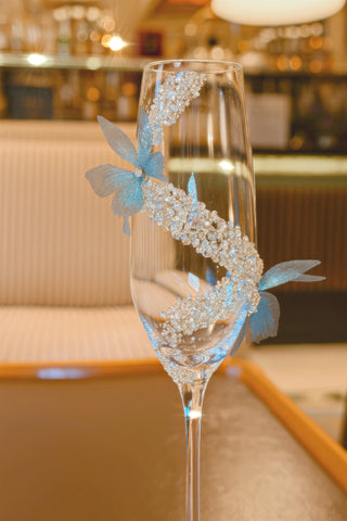 Close up shot of the Butterfly Kisses Crystals Champagne Flute.