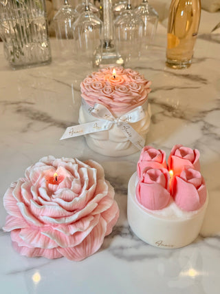 Lavish Rose Bouquet Candle in Pink - XXL next to other realisitic Anaïs floral candles.