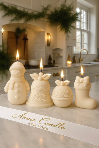 Christmas Wonderland Candle Set of 4 in White- Snowman, Santa Stocking, Jingle Bell, Ornament