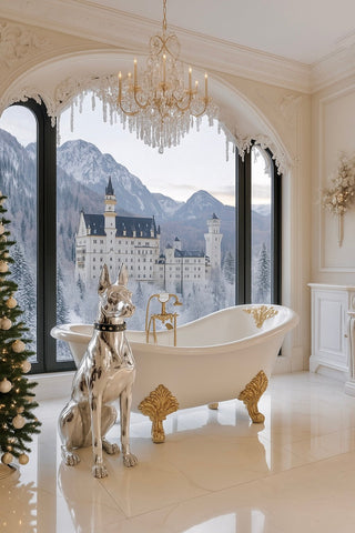 The Luxurious Electroplated Doberman Dog Statue in its natural habitat of ultra luxurious homes.