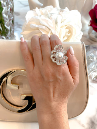 Flower Pearl Statement Rhinestones Adjustable Ring.
