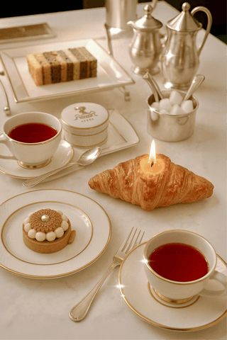 A French Croissant Candle during afternoon tea time with pastries and red tea with milk.