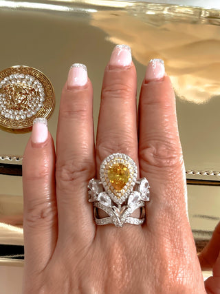 Royal Halo Pear Cut Yellow Sapphire Rhinestone Adjustable Ring.
