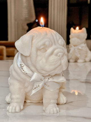 Puppy Glow Candle Set of 4 featuring the Guardian Glow Bulldog Candle with an Anais bow.