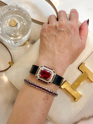 Aubrey Classic Emerald Cut Ruby Rhinestones Buckle Bracelet