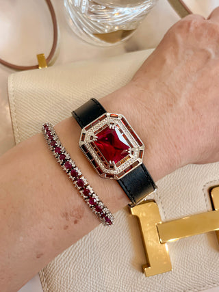 Aubrey Classic Emerald Cut Ruby Rhinestones Buckle Bracelet