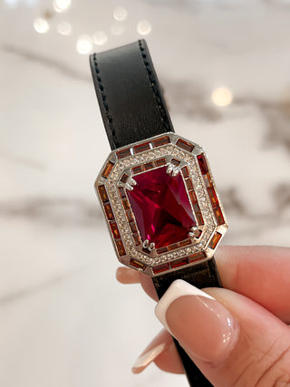 Aubrey Classic Emerald Cut Ruby Rhinestones Buckle Bracelet