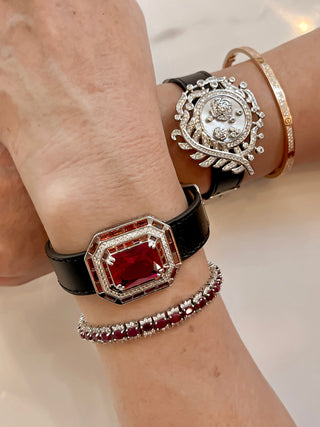 Aubrey Classic Emerald Cut Ruby Rhinestones Buckle Bracelet
