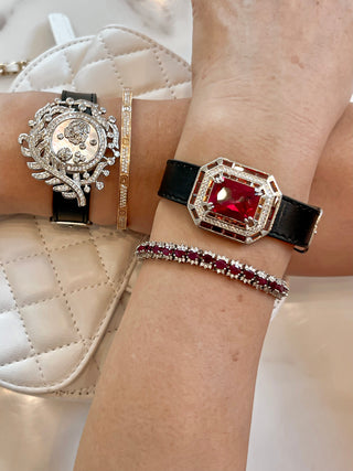 Aubrey Classic Emerald Cut Ruby Rhinestones Buckle Bracelet