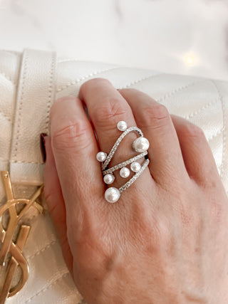 Ayla Pearl & Rhinestones Adjustable Ring.
