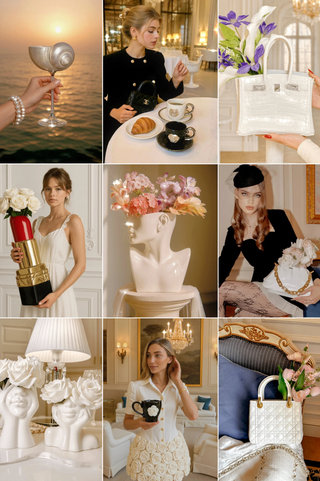 Collage of lifestyle images featuring elegant settings with women, flowers, and decorative items.