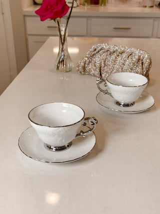 Silver Trim Embossed Coffee/Tea Cup Set