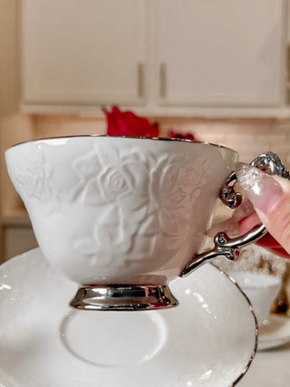 Silver Trim Embossed Coffee/Tea Cup Set