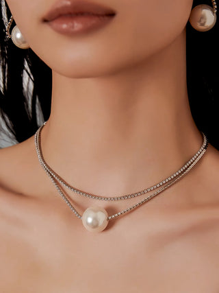 Inaya Pearl With Rhinestones Tennis Chain 2-Way Necklace
