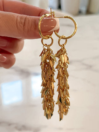 Ryleigh Gold Leaves With Fringe Chain Dangle Earrings.