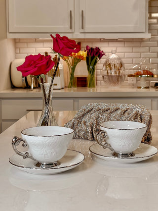 Silver Trim Embossed Coffee/Tea Cup Set