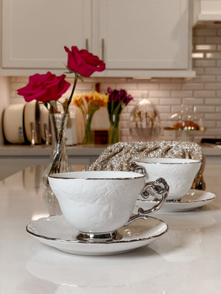Silver Trim Embossed Coffee/Tea Cup Set