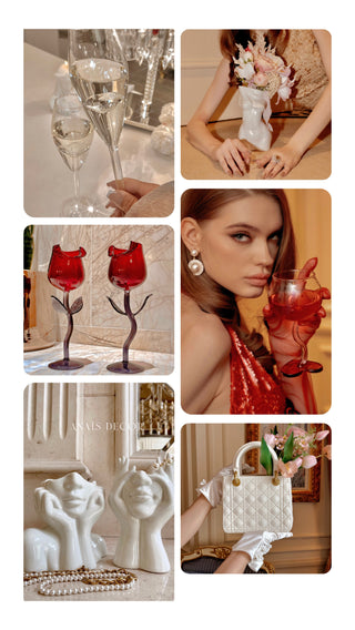 Six-photo collage of Anaïs Candle's Parisian home decor collection featuring glass cups and vases