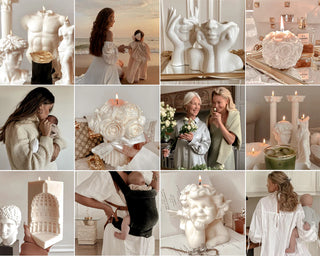 Twelve-photo collage including flower candles, and greek sculpture candles.