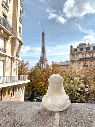 An 'Amour, Anaïs' candle perched on a rooftop ledge in front of the Eiffel Tower.