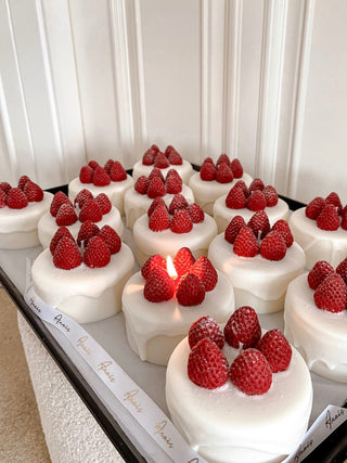 A completed tray full of Anaïs Strawberry Shortcake Candles.