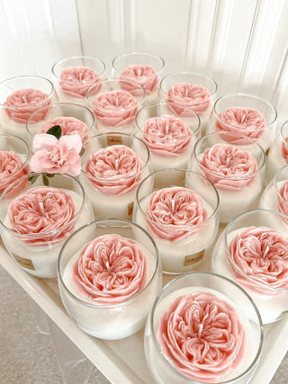 A tray of newly handcrafted Austin Rose Candles.