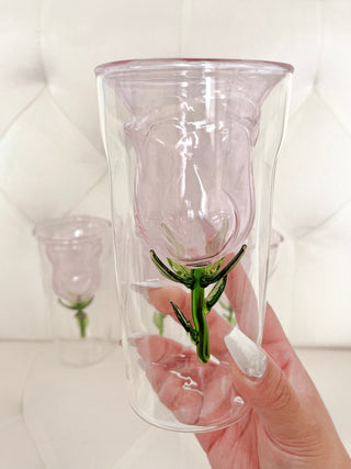 Enchanted Rose Glass Cup Set of 2 featuring a floating rose and stem.