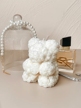 Rose Bear Candle In White.