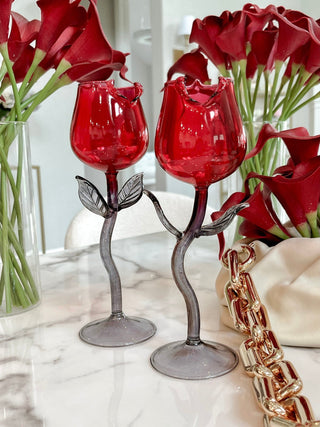 Rose For Rosé Glass Cup in Red - Handcrafted with a backdrop of roses and a luxury gold chain.