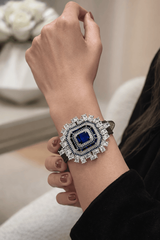 Royal Sapphire Leather bracelet worn to an anniversary dinner