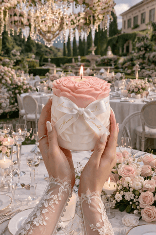 Lavish Rose Bouquet Candle in Pink featured at an outdoor boho wedding celebration