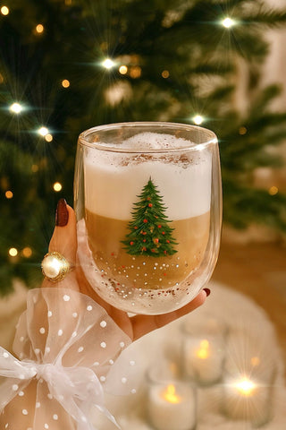 Christmas Confetti Glass Cup Set of 2 close up with a smooth coffee.